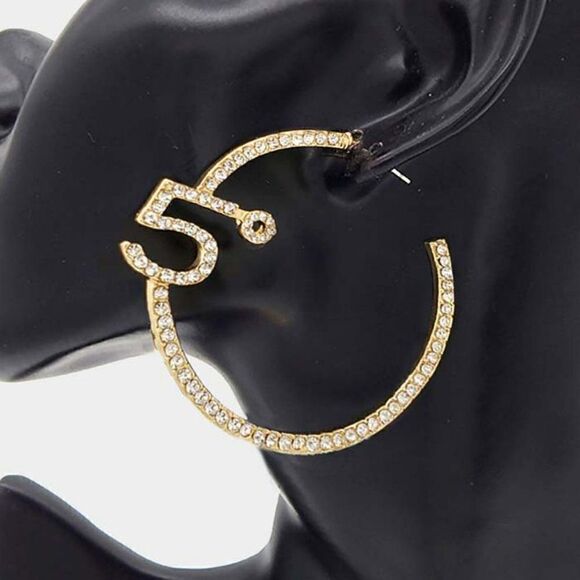 No. 5 Rhinestone Embellished Gold Hoop Earrings - Picture 1 of 6